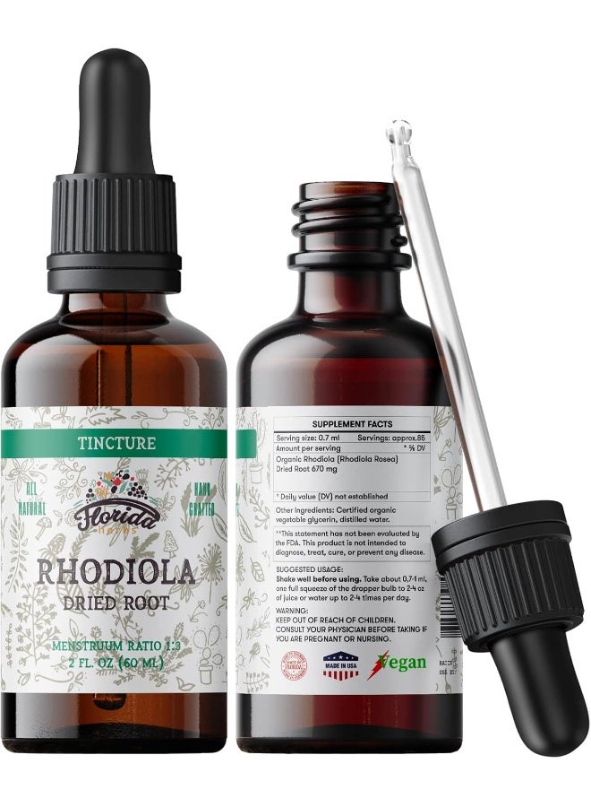 FLORIDA HERBS Rhodiola Tincture, Organic Rhodiola Extract (Rhodiola Rosea) Dried Root Health Supplement, Non-GMO in Cold-Pressed Organic Vegetable Glycerin 2 oz, 670 mg - Image 1